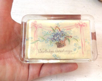 Vintage glass paperweight Birthday Greetings Victorian scrap rectangular  paper weight antique style paperweight