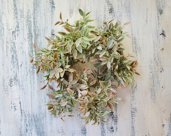 Faux Greenery Candle Ring, Sage Pink Leaf Mini Wreath (7 inch)