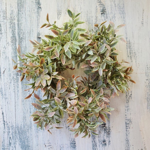 7" sage pink fake greenery candle ring , small leaf mini wreath 3.25" center Floral arranging supply artificial plastic faux greenery SH7