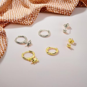 Set of 3pcs Minimalist Earrings, Dangling Star Charm Earring, Gold & Silver Huggie Hoop, Cartilage Studs, Perfect Gift For Her.