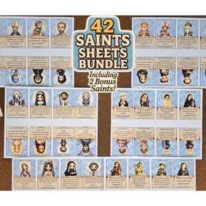 May include: A collection of printed sheets featuring 42 saint cards with chibi-style illustrations and inspirational quotes. The central text reads 42 SAINTS SHEETS BUNDLE Including 2 Bonus Saints. Each card displays a unique religious figure.