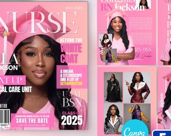 Pink Nurse Graduation, Magazine Cover Template, Bundle, Pack, Digital Download, Canva, Invite, For Her, Social Media, Personalized, Gift, D9
