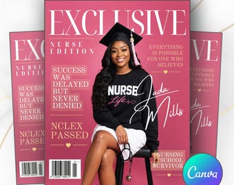 Pink Nurse Graduation, Magazine Cover Template, Bundle, Pack, Digital Download, Canva, Invite, For Her, Social Media, Personalized, Gift, D9