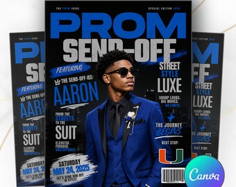 Blue and Black, Prom Send-Off Magazine Cover Invitation Flyer, RSVP, Digital Invitation, Editable Template, Instant Download, Canva, For Him