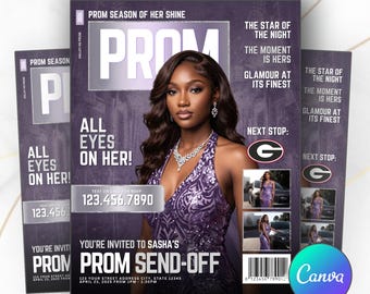Prom Send-Off Magazine Cover Invitation Flyer, Details & RSVP, Digital Invitation, Editable Template, College Info, Canva, Party, HS, d9