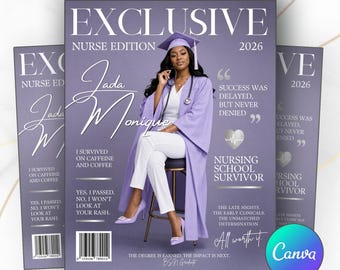 Personalized Nurse Graduation, Magazine Cover Template, Digital Download, Canva, Invite, Purple, For Her, Social Media