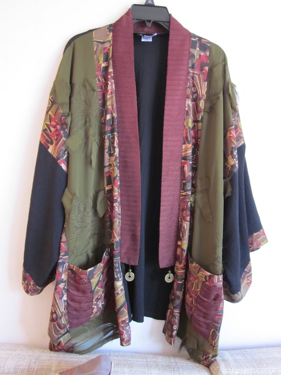 Items similar to Kimono Style Cardigan Jacket in Wine and Olive Green