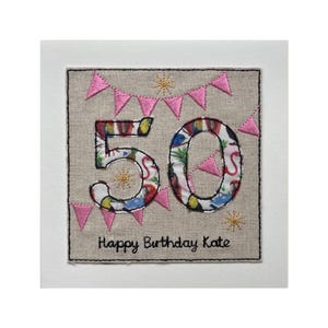 50th Birthday Liberty Print Card: Embroidered Bunting, Handmade