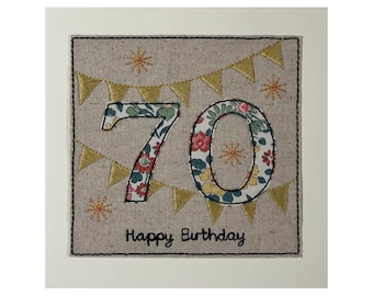 Embroidered 70th Birthday Card: Liberty Fabric, Linen Blend
