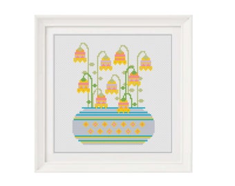 Flower Pot Cross Stitch Chart: Modern Floral Embroidery 8 Inch. 20cm (PDF Pattern)