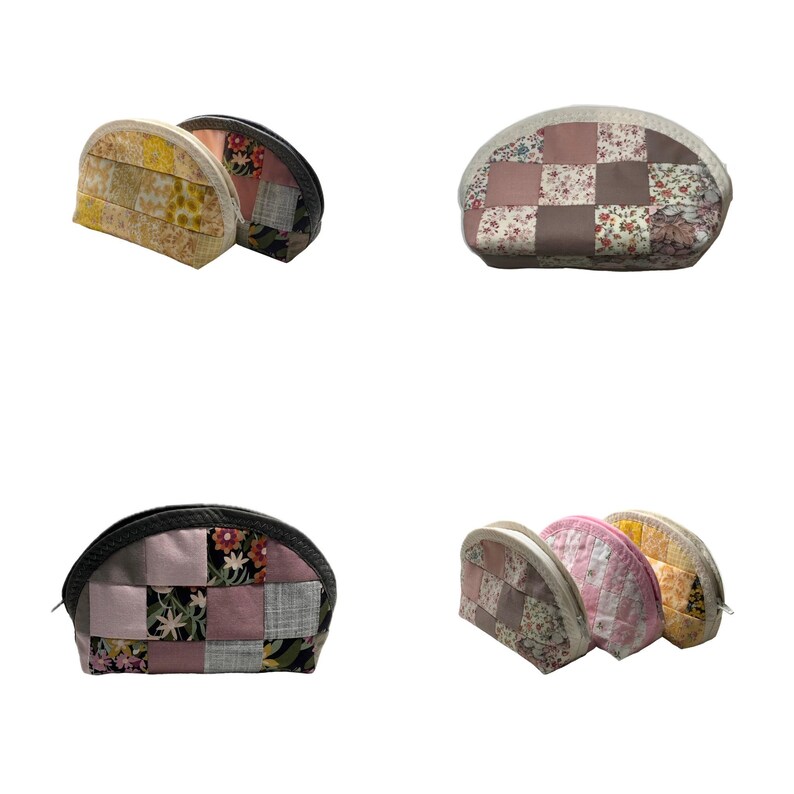 May include: A collection of quilted cosmetic bags in different colours and patterns are shown. The bags feature patchwork designs with floral and geometric prints. The bags have a semi-circular shape with a zip closure.