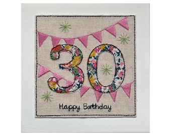 Liberty Print 30th Birthday Card: Embroidered Bunting