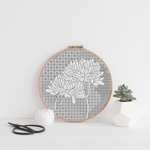 Blackwork Peonies-kaart, Peony Blackwork-steek pdf-ontwerp, Blackwork-borduurwerk, download, Blackwork bloemenontwerp