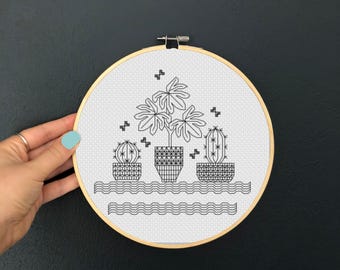 Cacti Blackwork Embroidery Chart: Houseplant Design (PDF Download, 6 inch Hoop Size)