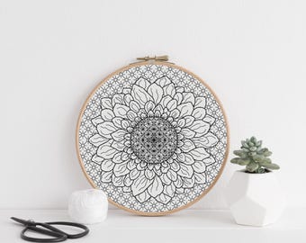 Blackwork Dahlia Embroidery Chart: 8 Inch 20cm Hoop. Floral Stitch PDF (Download)
