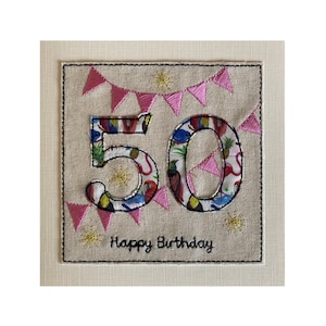 50th Card, Age 50 Textile Card, 50th Liberty Print Card, Bunting Age Card, 50th Birthday Card