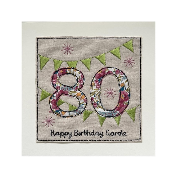 Liberty Floral 80th Birthday Card: Embroidered Linen