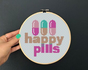 Happy Pills Cross Stitch Pattern: Embroidery Design (PDF Download, 6 inch Hoop Design)