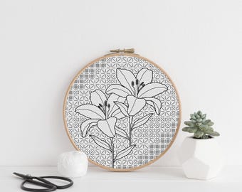 Lily Blackwork Embroidery Chart: 8 Inch (20cm) Hoop. Floral Stitch PDF (Download)