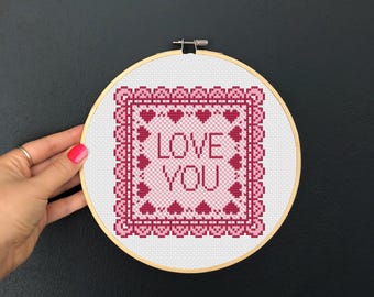 LOVE YOU Embroidery Chart: Hearts cross stitch design (PDF Download, 6 inch Hoop Design)