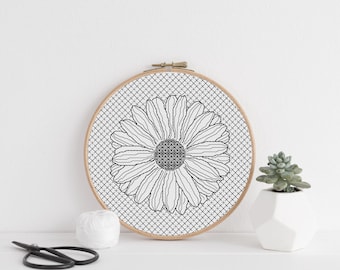 Blackwork Daisy Embroidery Chart: 8 Inch 20cm Hoop. Floral Stitch PDF (Download)