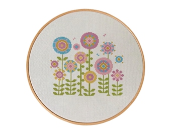 Retro Flower Cross Stitch Pattern: Modern Floral Embroidery 20cm 8 Inch Hoop (PDF Download)
