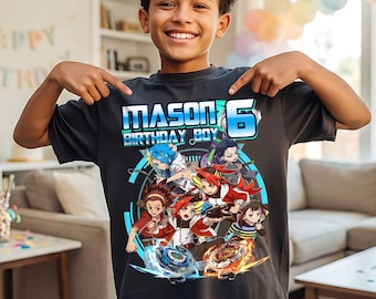 Spersonalizowana koszulka urodzinowa Beyblade X dla chłopców, z imieniem i wiekiem, z nadrukiem anime