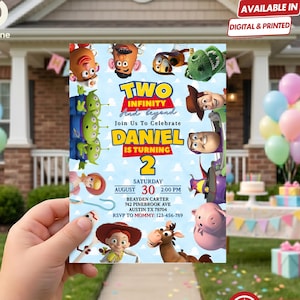 Può includere: Un biglietto d'invito di compleanno rettangolare con personaggi di Toy Story come Woody, Buzz Lightyear e Mr. Potato Head. Il testo recita: TWO INFINITY AND BEYOND, JOIN US TO CELEBRATE DANIEL IS TURNING 2, SATURDAY AUGUST 30 2:00 PM, BEAYDEN CARTER 742 PINEBROOK AVE AUSTIN TX 78704, RSVP TO MOMMY: 123-456-789.