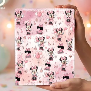 May include: A rectangular sheet of light pink wrapping paper featuring a repeating pattern of Minnie Mouse, pink balloons, cupcakes, bows, and the number 2 with the name Sophia printed underneath in a black script font.