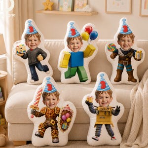 May include: Five custom-shaped throw pillows featuring a young child's face on various illustrated bodies, including a birthday celebrant, a block-style character, a fantasy adventurer, a knight with a shield, and a robot, all wearing party hats.