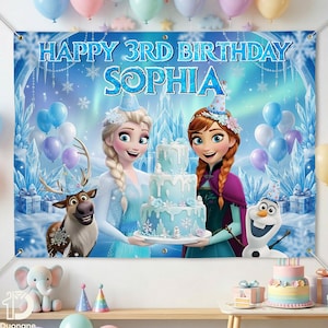 Sfondo personalizzato con le principesse di Frozen, striscione personalizzato con i nomi di Elsa e Anna per la festa di compleanno delle bambine.