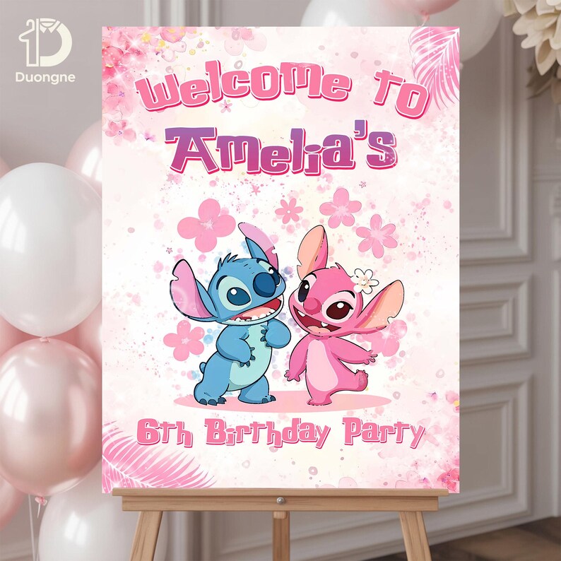 May include: A pink and white welcome sign for a 6th birthday party. The sign features the text "Welcome to Amelia's" in pink and purple, along with cartoon characters Stitch and Angel. Pink floral accents decorate the background.