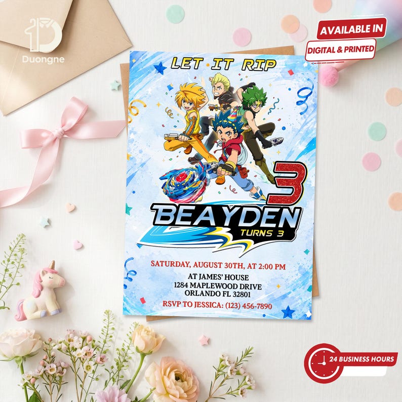 May include: A rectangular birthday invitation card featuring Beyblade characters, the text LET IT RIP, BEAYDEN TURNS 3, and event details including Saturday, August 30th, at 2:00 PM, at James' House, 1284 Maplewood Drive, Orlando FL 32801, RSVP to Jessica: (123) 456-7890.