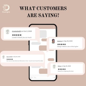 May include: A smartphone graphic displaying the text WHAT CUSTOMERS ARE SAYING? above a chat interface. Four light pink speech bubbles surround the phone, each containing a five-star review from users including dukebabe88, Jessica, teacup1059, and Ethan.