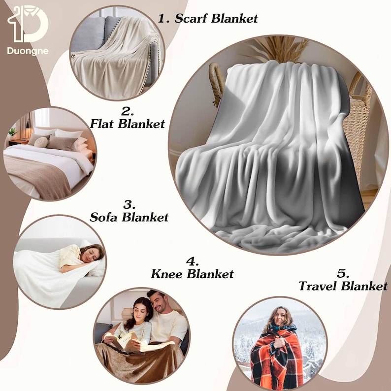 Op de afbeelding: Een collage van vijf afbeeldingen die verschillende toepassingen van een zachte witte deken tonen. De labels zijn 1. Scarf Blanket, 2. Flat Blanket, 3. Sofa Blanket, 4. Knee Blanket en 5. Travel Blanket. De afbeeldingen tonen de deken op meubels.