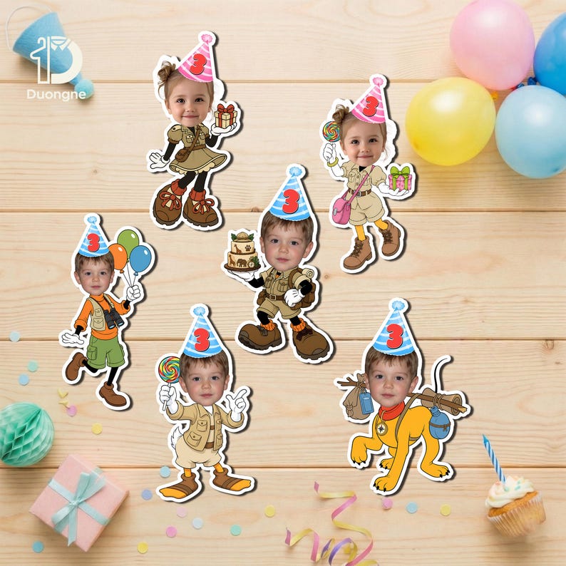 May include: A collection of colorful birthday-themed stickers featuring children's faces, party hats, and various accessories like balloons, gifts, and lollipops. The stickers are designed with a cartoonish style, perfect for party decorations.