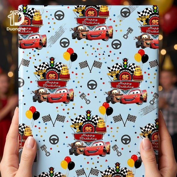 Disney Cars Wrapping Paper, Lightning McQueen Race Car Gift Wrap for Kids