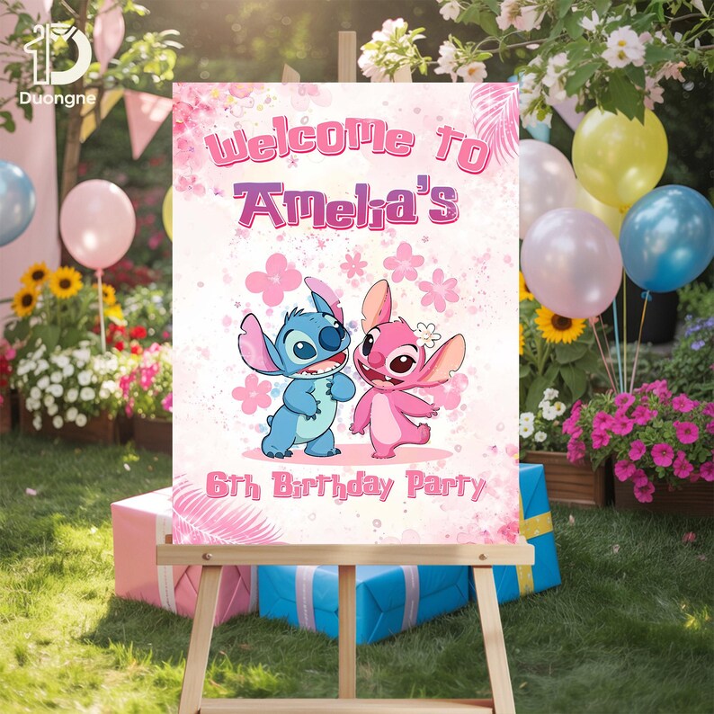 May include: A pink and white sign on a wooden easel, with the text "Welcome to Amelia's 6th Birthday Party." The sign features cartoon characters Stitch and Angel, surrounded by pink floral accents.
