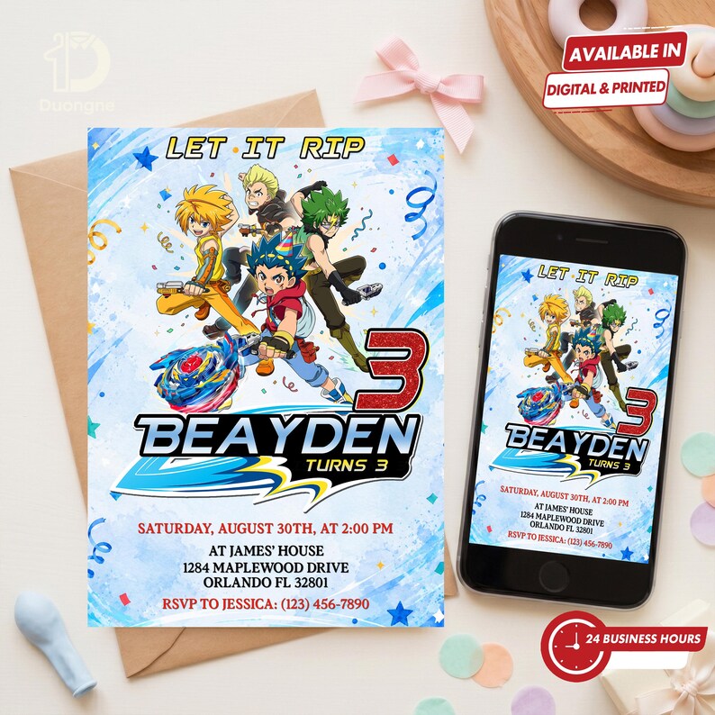 May include: A birthday invitation card and a smartphone displaying the same design featuring Beyblade characters, the text LET IT RIP, BEAYDEN TURNS 3, and event details including Saturday, August 30th, at 2:00 PM, James' House, 1284 Maplewood Drive.