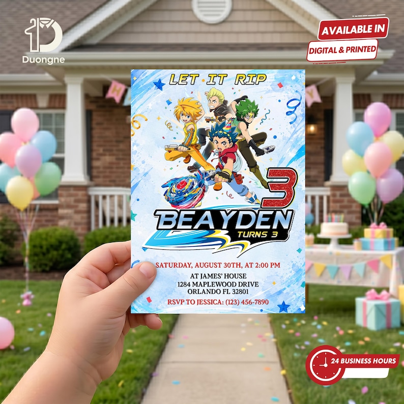 Personalized Beyblade Burst Birthday Invitation, Anime Spinning Top Party Card for Kids image 1