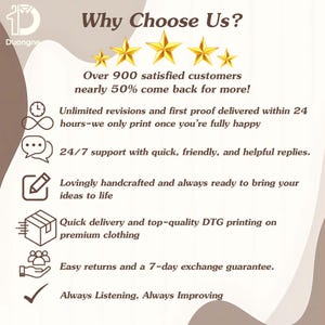 May include: A promotional graphic with the text "Why Choose Us?" and bullet points highlighting customer satisfaction, revisions, support, craftsmanship, delivery, and returns. Gold stars are above the text.