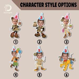 May include: Image featuring six character style options with a child's face superimposed on cartoon bodies. The characters wear party hats and themed outfits, holding gifts, cake, balloons, and a lollipop. Text at the top reads "CHARACTER STYLE OPTIONS".