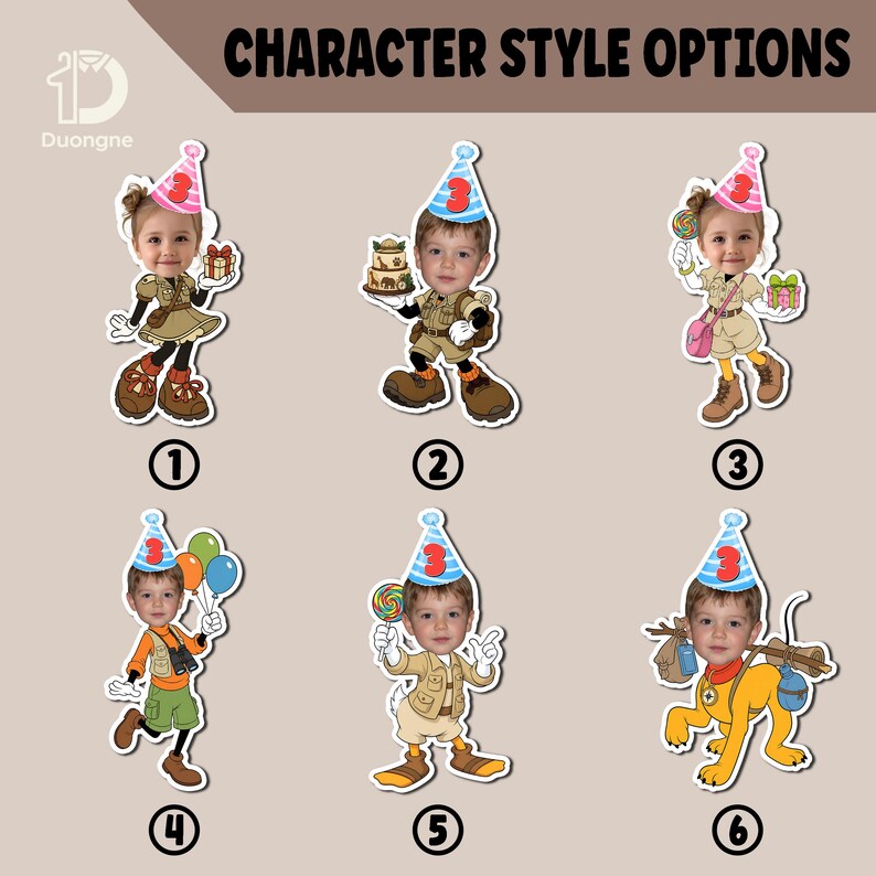 May include: Image featuring six character style options with a child's face superimposed on cartoon bodies. The characters wear party hats and themed outfits, holding gifts, cake, balloons, and a lollipop. Text at the top reads "CHARACTER STYLE OPTIONS".