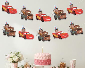 Personalized Disney Cars Banner, Custom Face Photo Birthday Banner, Lightning McQueen Party Decor