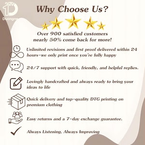 May include: A promotional graphic titled Why Choose Us? featuring five gold stars, a Duongne logo, and a list of service benefits including 900 satisfied customers, 24-hour proof delivery, 24/7 support, handcrafted quality, DTG printing, and a 7-day exchange policy.
