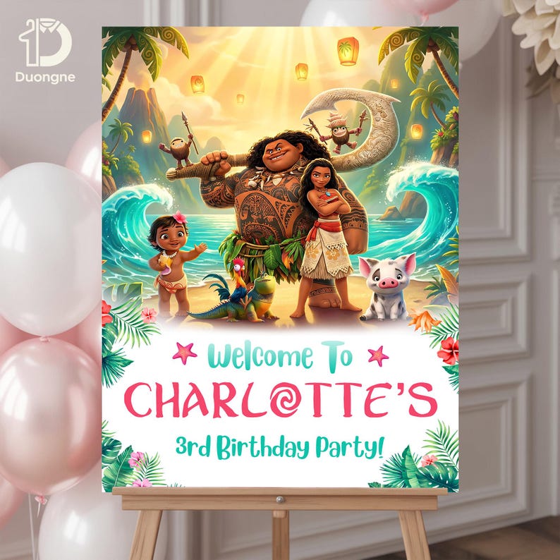 K&ouml;nnte beinhalten: Ein farbenfrohes Party-Schild mit Figuren aus einem beliebten Animationsfilm, mit dem Text "Welcome To CHARLOTTE'S 3rd Birthday Party!". Das Schild steht auf einer Holzstaffelei, mit Luftballons im Hintergrund.