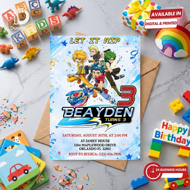 May include: A rectangular birthday invitation card featuring four anime characters and a spinning top toy. The text reads LET IT RIP, BEAYDEN TURNS 3, SATURDAY, AUGUST 30TH, AT 2:00 PM, AT JAMES' HOUSE, 1284 MAPLEWOOD DRIVE, ORLANDO FL 32801, RSVP TO JESSICA: (123) 456-7890.
