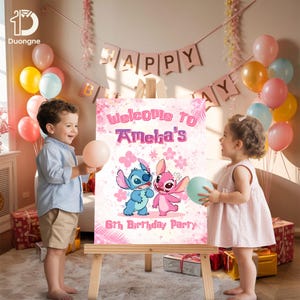 May include: A pink and white birthday party sign on a wooden easel, featuring the characters Stitch and Angel. The sign reads "Welcome to Ameka's 6th Birthday Party". Two children are holding balloons.