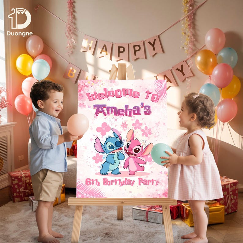May include: A pink and white birthday party sign on a wooden easel, featuring the characters Stitch and Angel. The sign reads "Welcome to Ameka's 6th Birthday Party". Two children are holding balloons.
