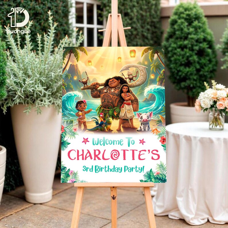 K&ouml;nnte beinhalten: Ein farbenfrohes Willkommensschild f&uuml;r eine Geburtstagsparty mit Zeichentrickfiguren. Das Schild steht auf einer Holzstaffelei und tr&auml;gt den Text "Welcome To CHARLOTTE'S 3rd Birthday Party!"